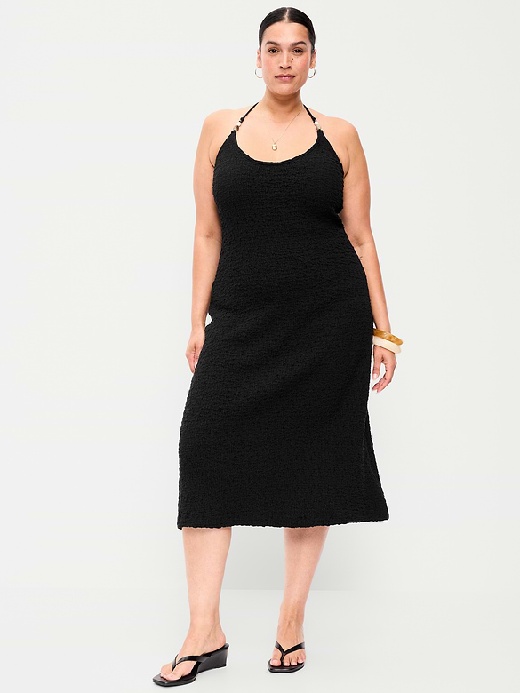 Beaded Halter-Neck Textured Midi Dress