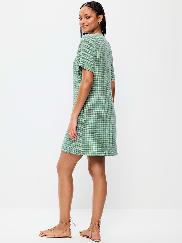 Short-Sleeve Linen-Blend Mini Shift Dress