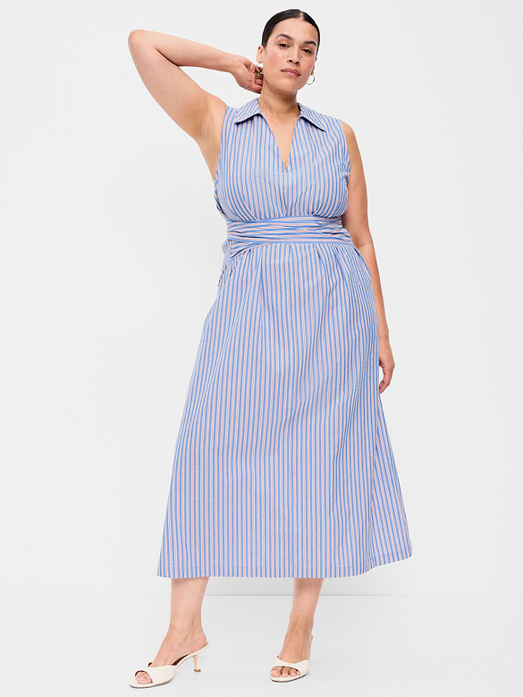 Sleeveless Wrap-Waist Midi Shirt Dress