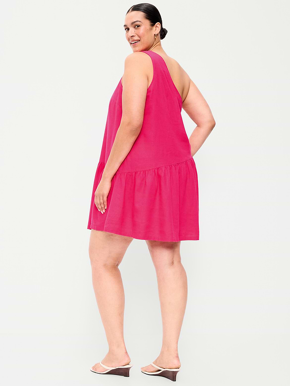 One-Shoulder Asymmetrical Linen-Blend Mini Dress