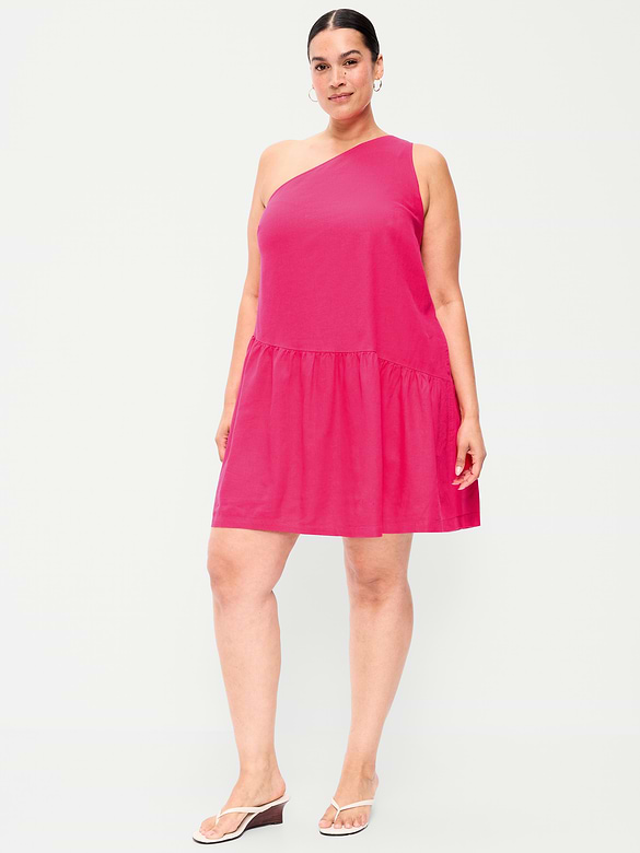 One-Shoulder Asymmetrical Linen-Blend Mini Dress