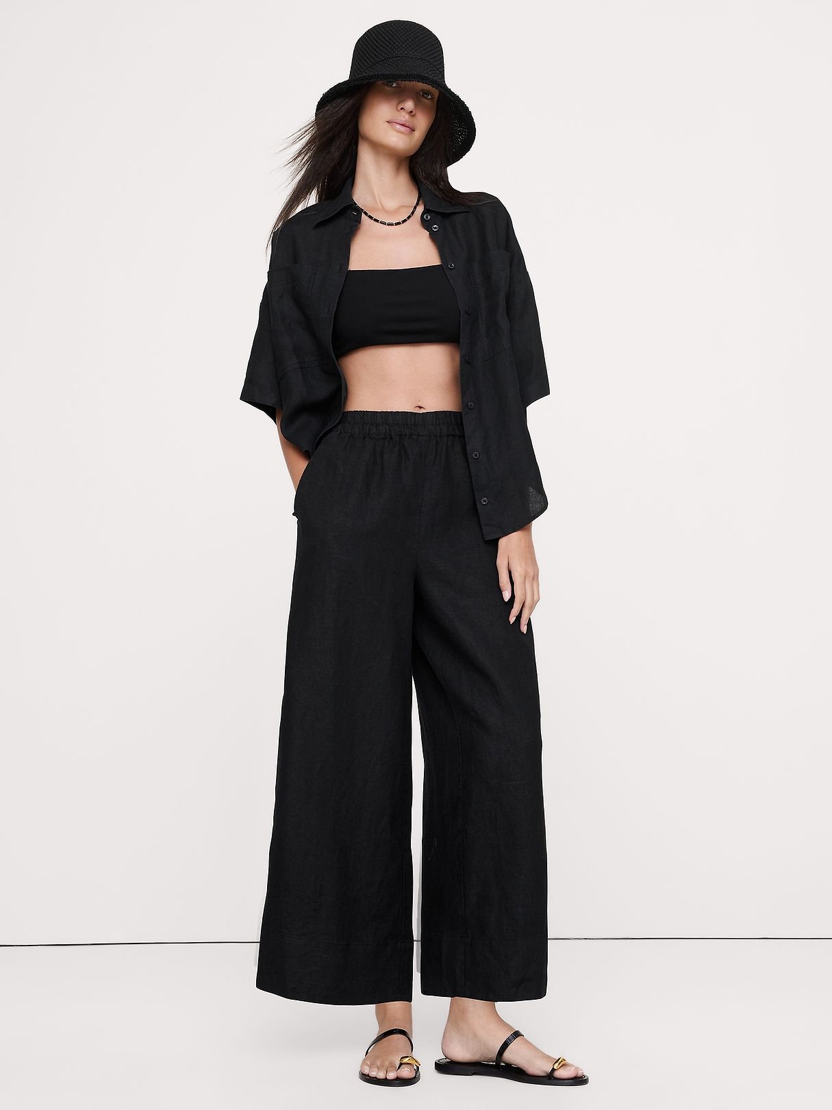 High-Rise Wide-Leg Linen Pull-On Ankle Pant | Banana Republic