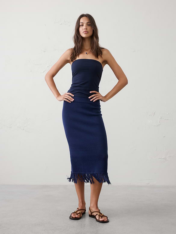 Frayed-Hem Midi Skirt