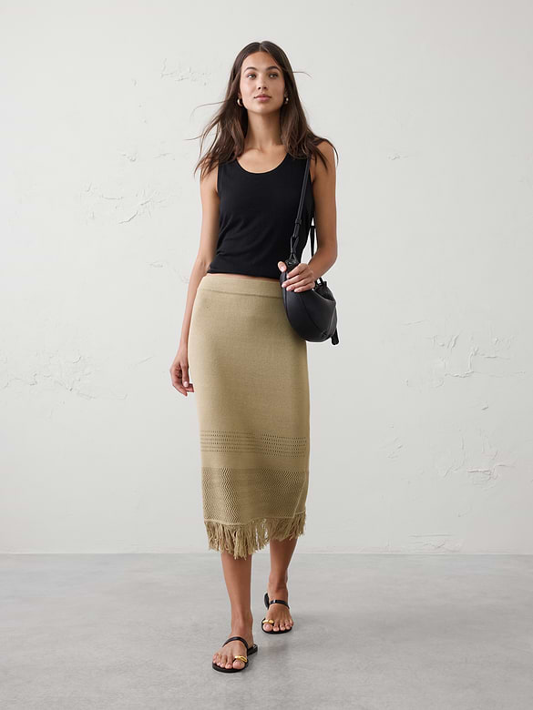 Frayed-Hem Midi Skirt