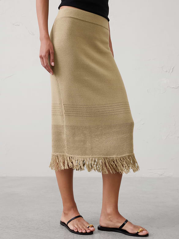 Frayed-Hem Midi Skirt