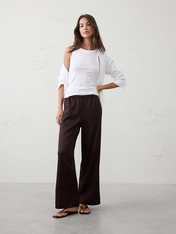 Wide-Leg High-Rise Crinkle Satin Pull-On Pant