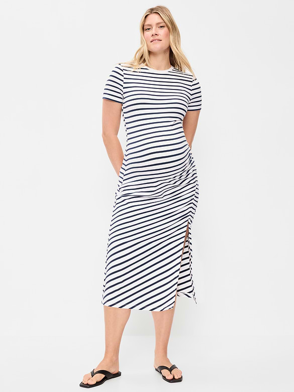 Maternity Short-Sleeve Ruched Midi Dress