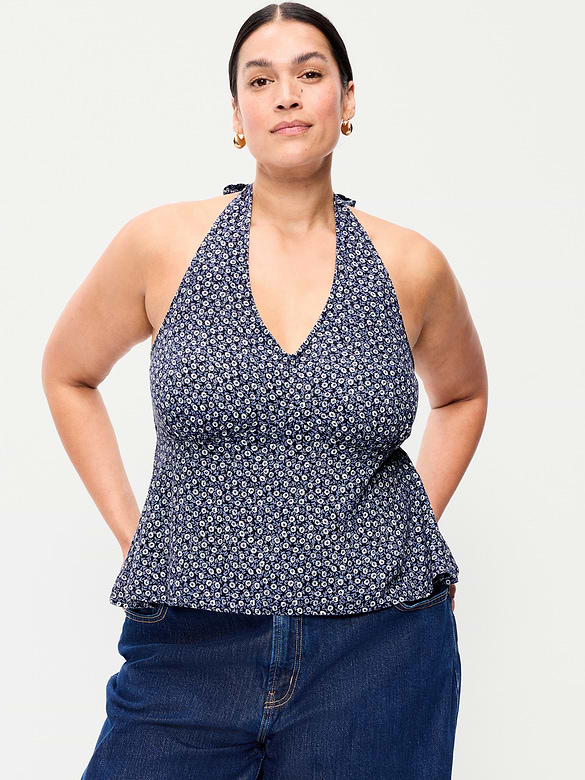Linen-Blend V-Neck Halter Top