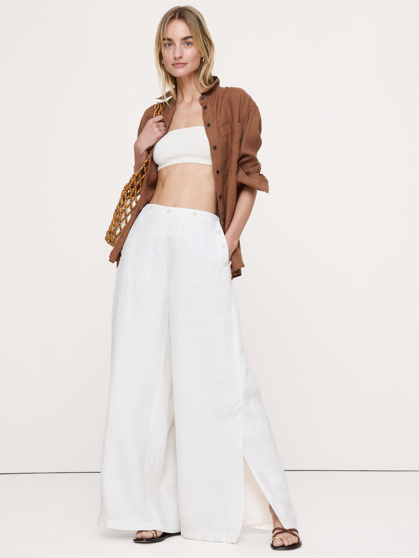 L'image numéro 1 présente Pantalon de marin à taille extensible jambe large et taille haute en lin