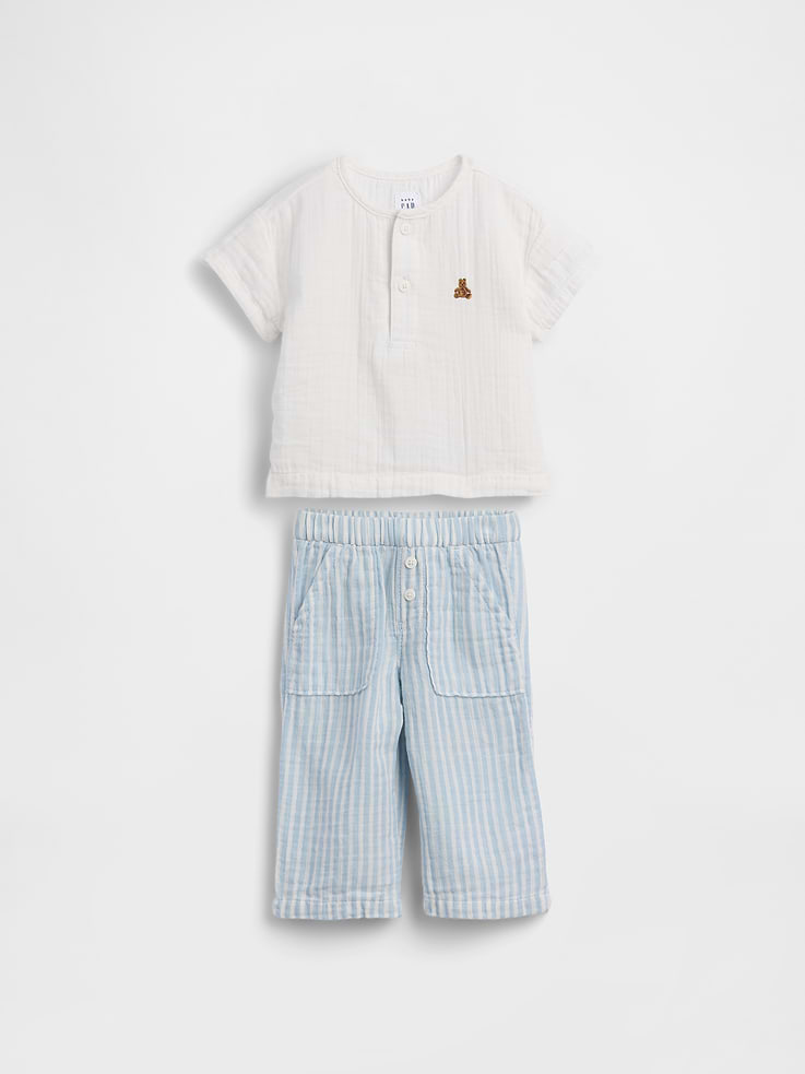 Image number 1 showing, Baby Cotton Gauze Henley Outfit Set