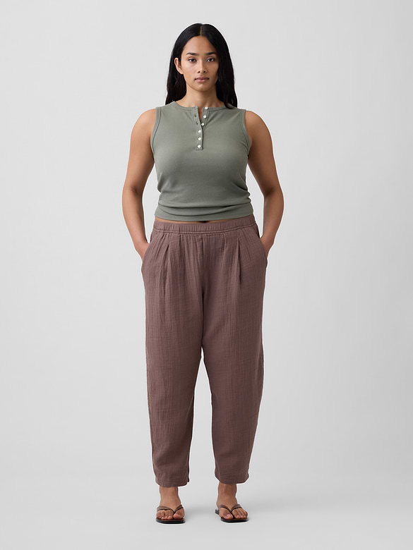 Mid Rise Pull-On Barrel Gauze Pants