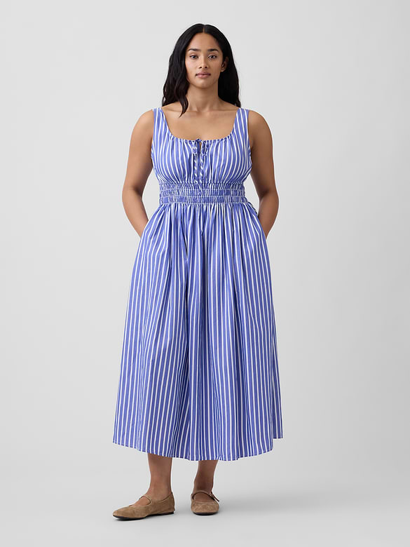 Smocked Tie-Front Midi Dress