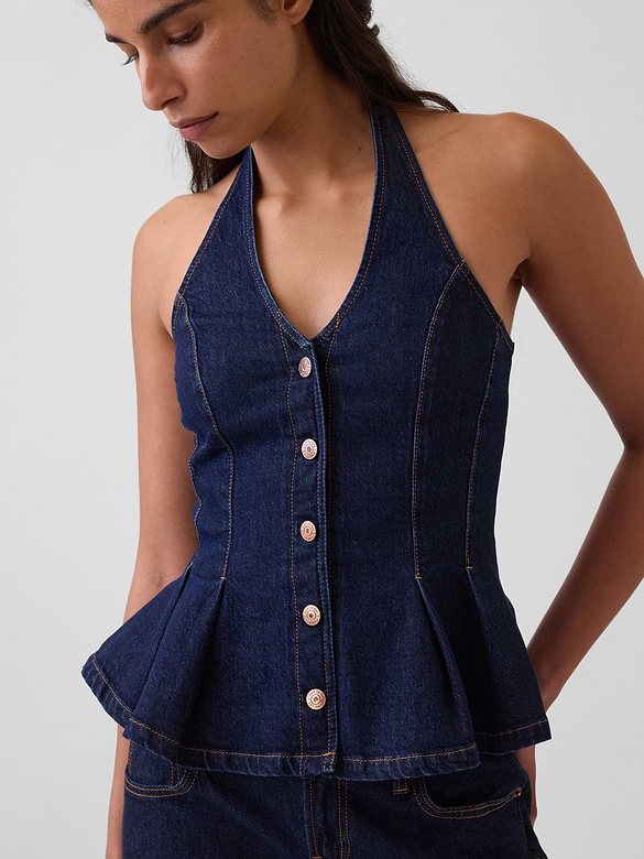 Denim Fitted Halter Peplum Top