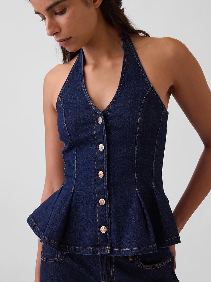 Image number 4 showing, Denim Fitted Halter Peplum Top