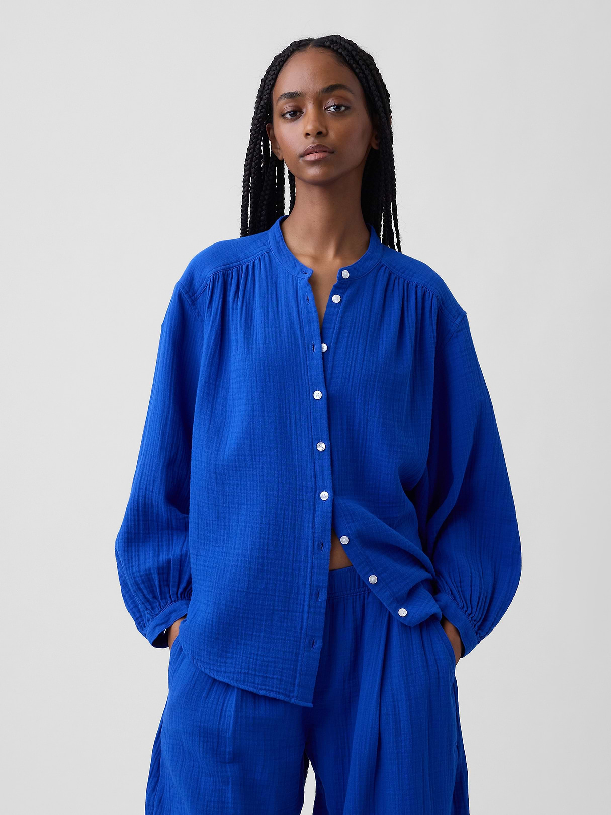 Cotton Gauze Oversized Collarless Shirt | Gap