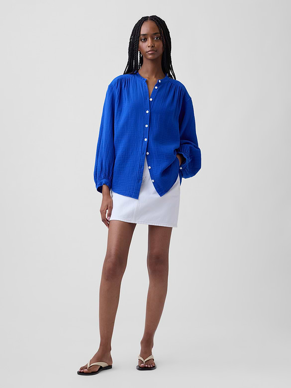Cotton Gauze Oversized Collarless Shirt