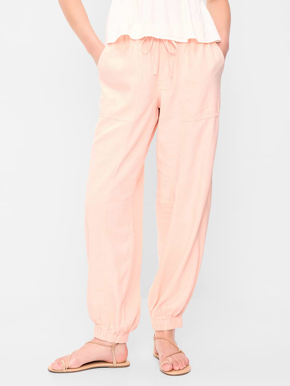 Mid-Rise Linen-Blend Cinched-Ankle Pants