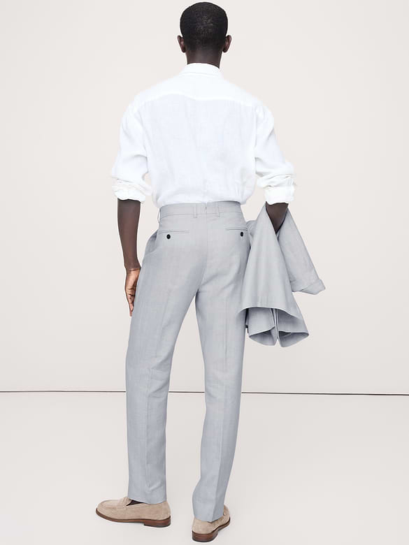 Pantalon de complet en lin et laine mérinos à motif de chevrons, coupe étroite cintrée