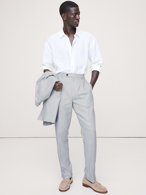 Pantalon de complet en lin et laine mérinos à motif de chevrons, coupe étroite cintrée