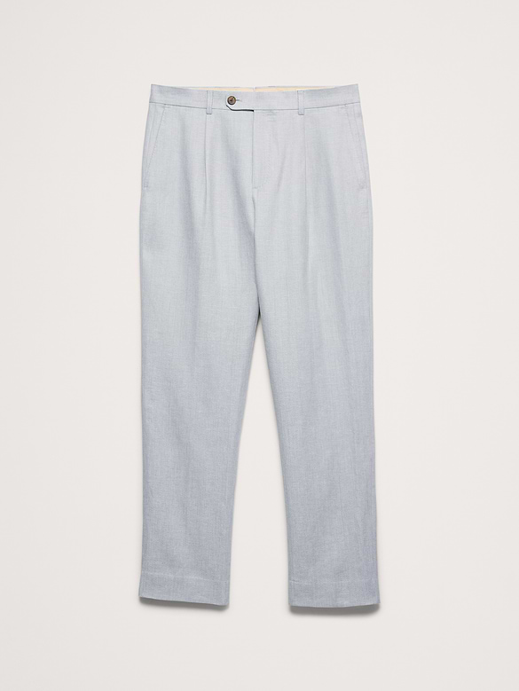 Pantalon de complet en lin et laine mérinos à motif de chevrons, coupe étroite cintrée