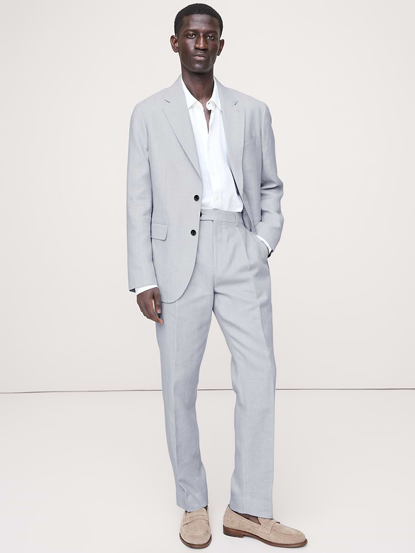 Pantalon de complet en lin et laine mérinos à motif de chevrons, coupe étroite cintrée
