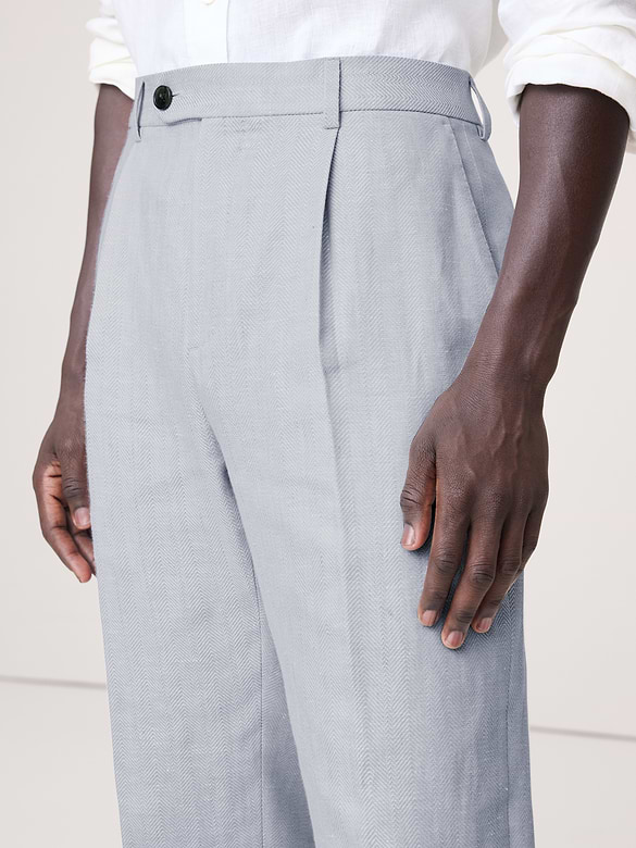 Pantalon de complet en lin et laine mérinos à motif de chevrons, coupe étroite cintrée