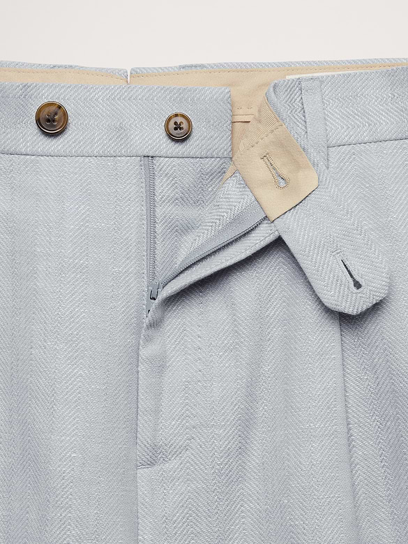 Pantalon de complet en lin et laine mérinos à motif de chevrons, coupe étroite cintrée