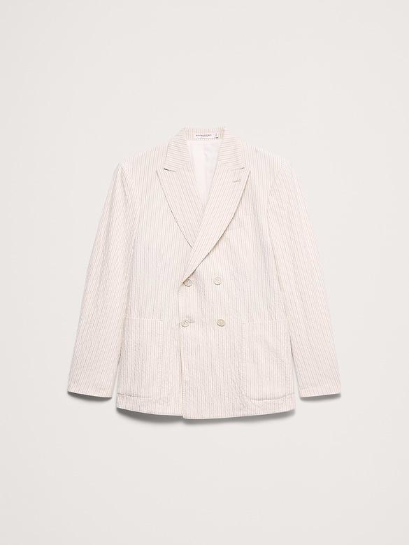 Double-Breasted Italian Cotton-Linen Seersucker Suit Jacket