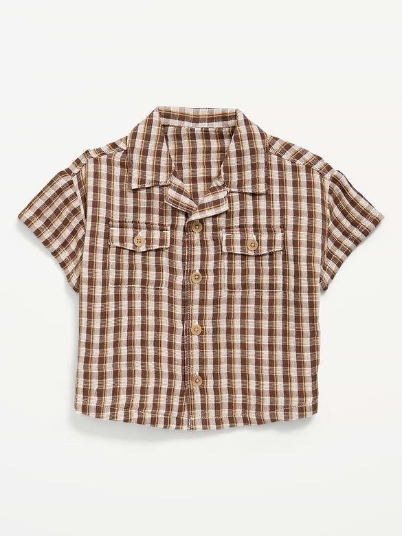 Short-Sleeve Textured Double-Weave Cotton Shirt for Baby