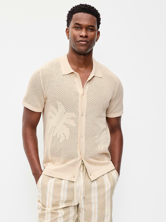 Short-Sleeve Open-Knit Sweater Shirt