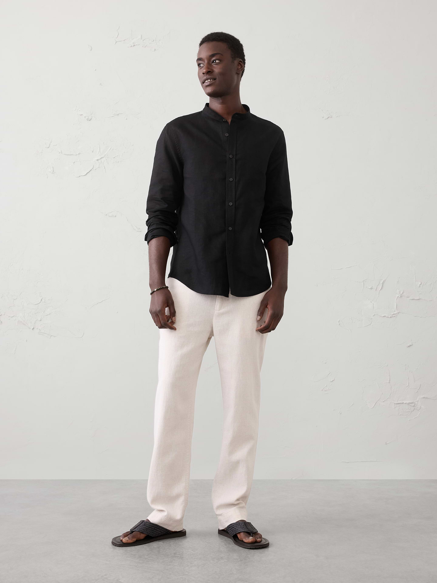 Image number 1 showing, Slim-Fit Linen-Blend Banded-Collar Shirt