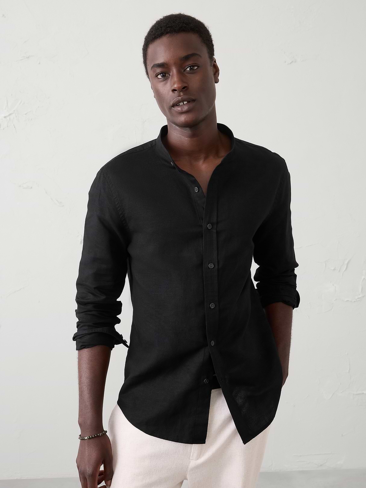 Slim-Fit Linen-Blend Banded-Collar Shirt | Banana Republic Factory