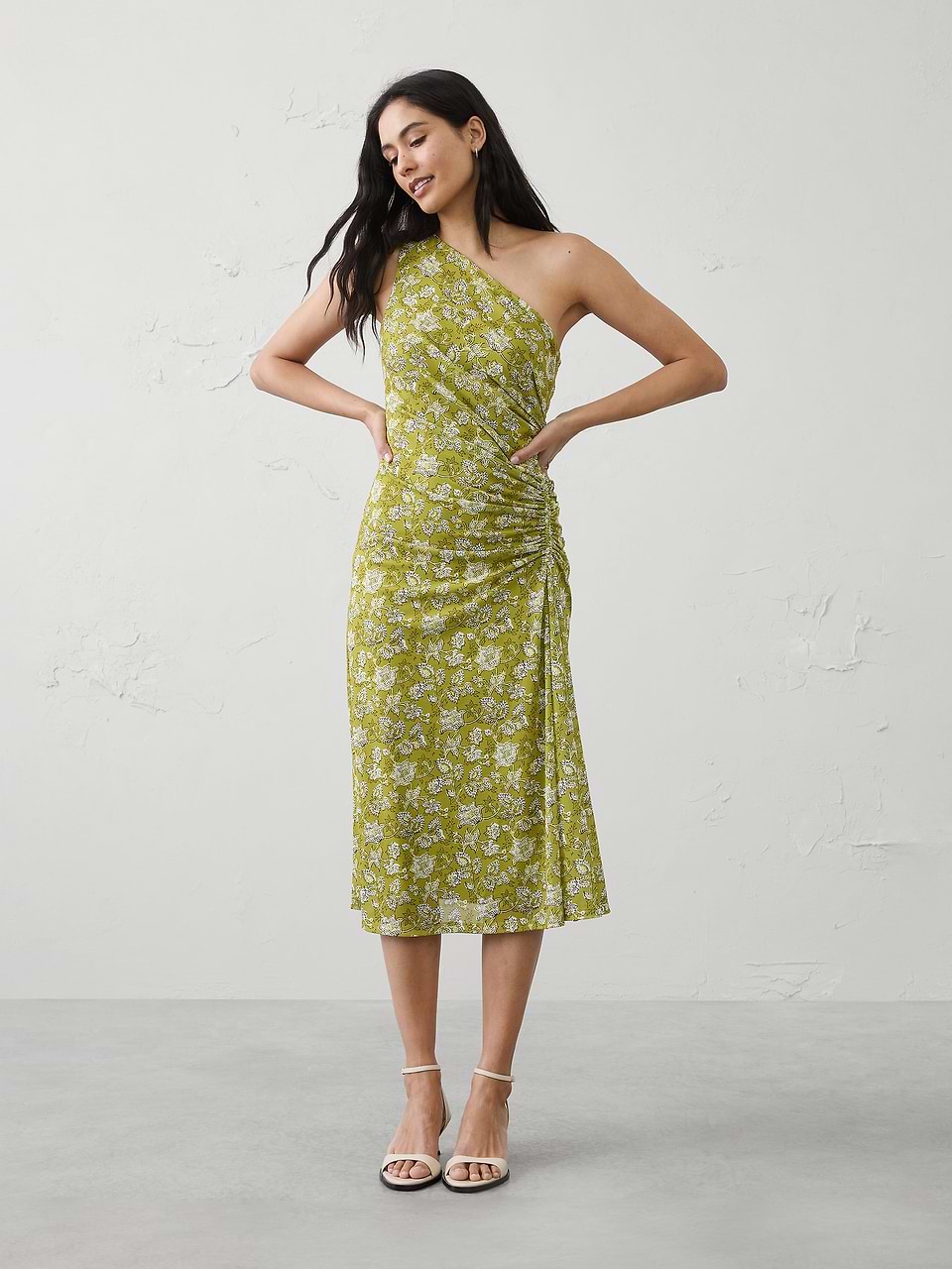 banana republic green floral dress One-Shoulder Midi Midi dress