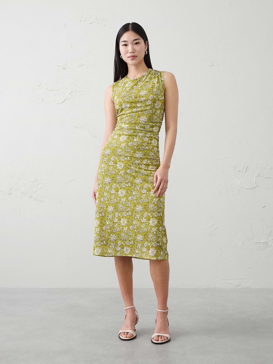 banana republic green floral dress Shirred-Waist Midi Midi dress