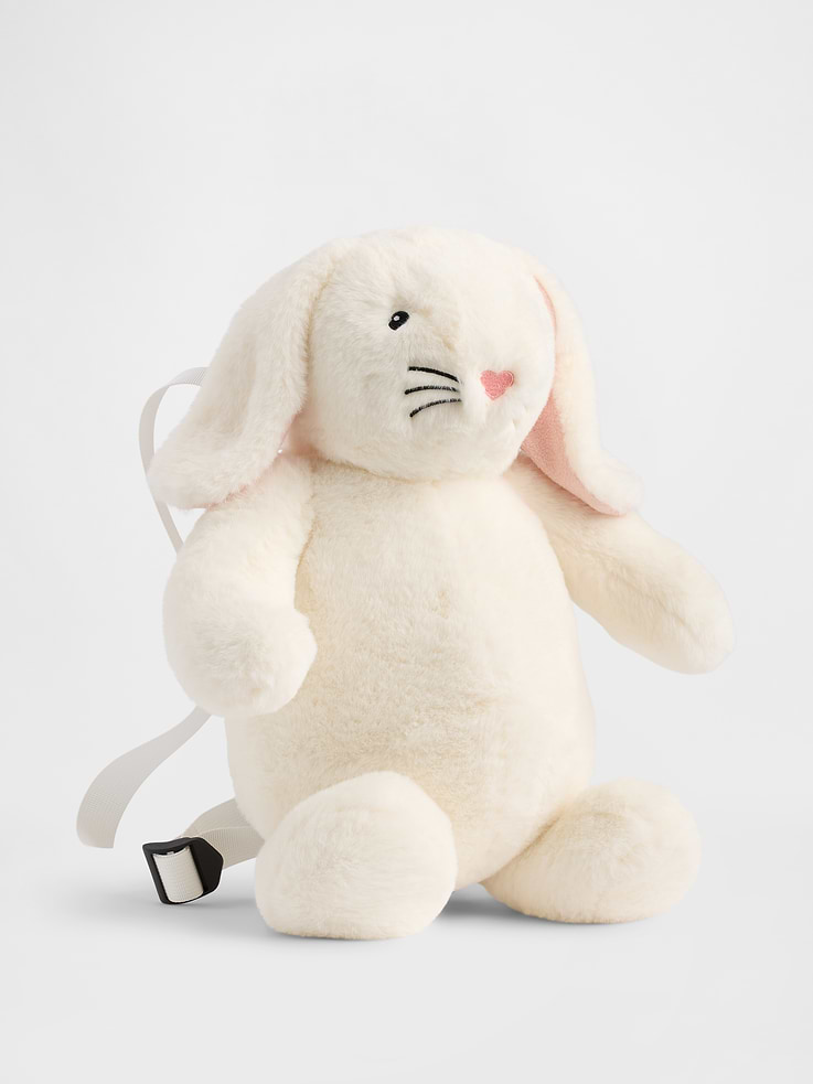 Image 1 of 4, Soft faux fur bunny backpack., Shoulder straps at back., Inner compartment at back., Hook and loop closure at back., Embroidered bunny face., Bunny ear appliques., This product was made in a factory that invests in gender equity and women’s empowerment through RISE. Learn more at gapinc.com/equity ., Product #893201