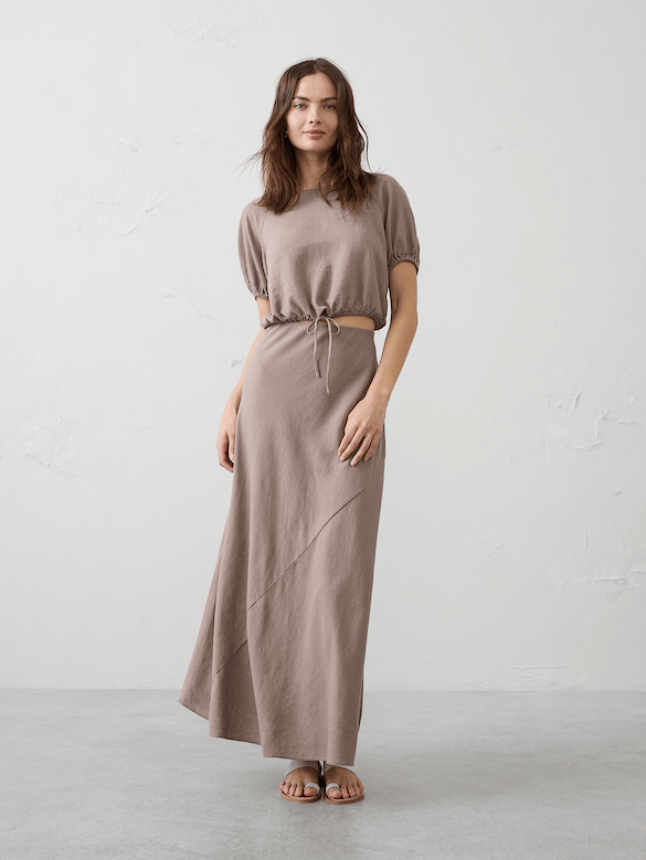 Linen-Blend Bias Pull-On Maxi Skirt