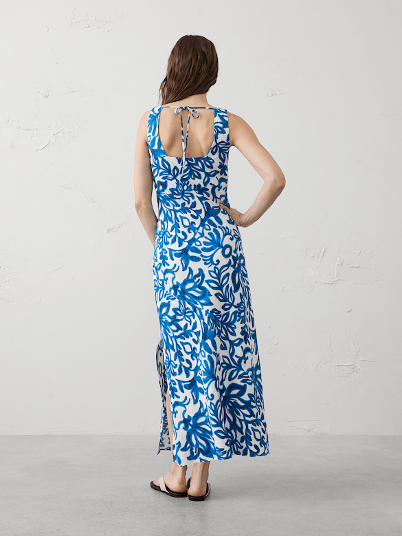 Linen-Blend Side-Slit Maxi Dress
