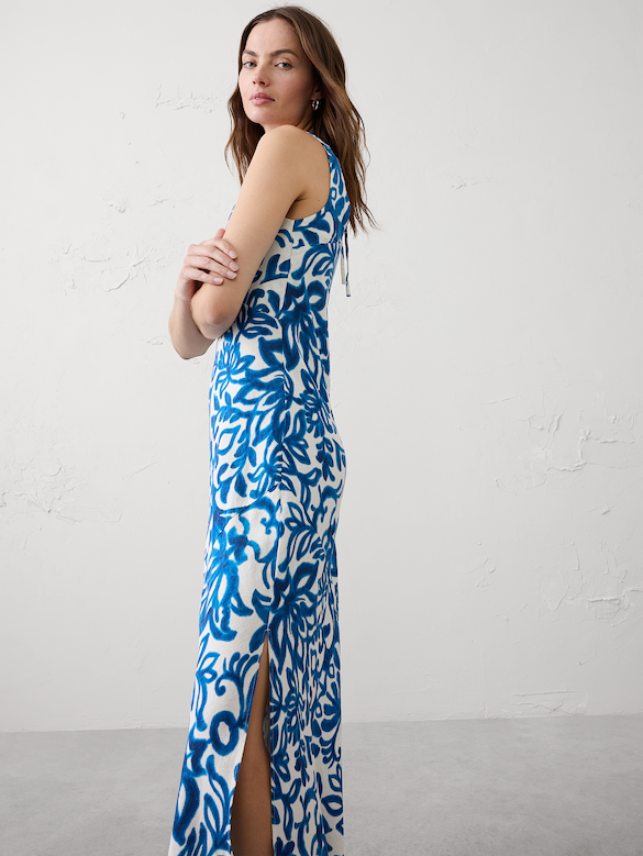 Linen-Blend Side-Slit Maxi Dress
