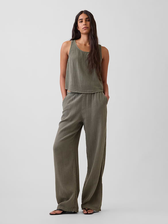 Cotton Gauze Easy Split-Hem Pants