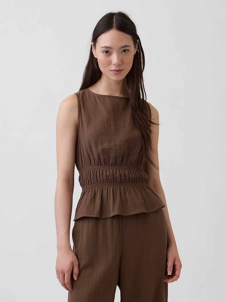 Image number 1 showing, Cotton Gauze Smocked-Waist Peplum Top