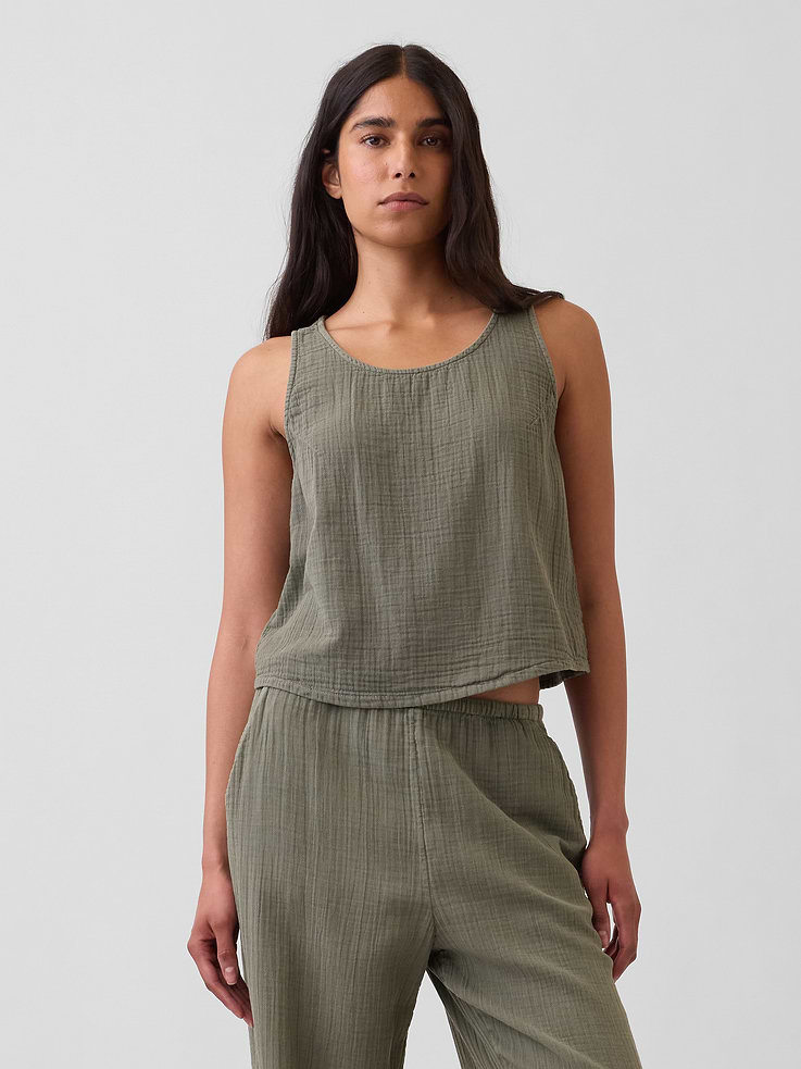 Image number 1 showing, Cotton Gauze Racer Shell Tank Top