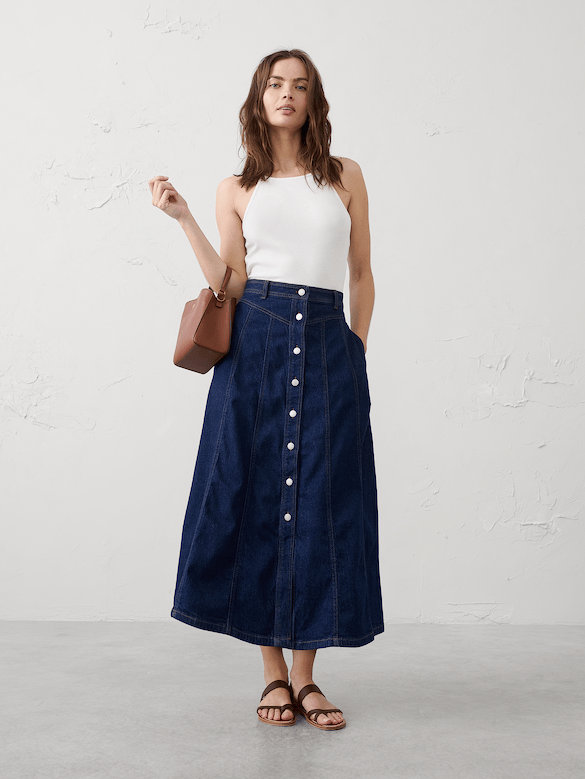 Denim Seamed Midi Skirt