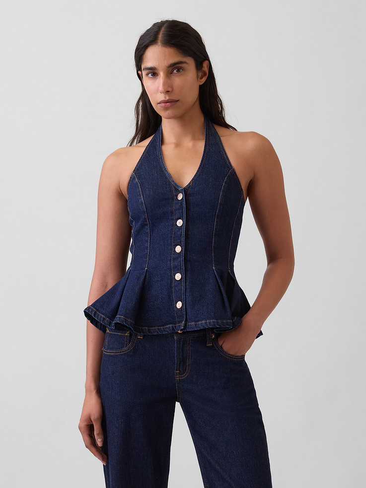 Image number 1 showing, Denim Fitted Halter Peplum Top