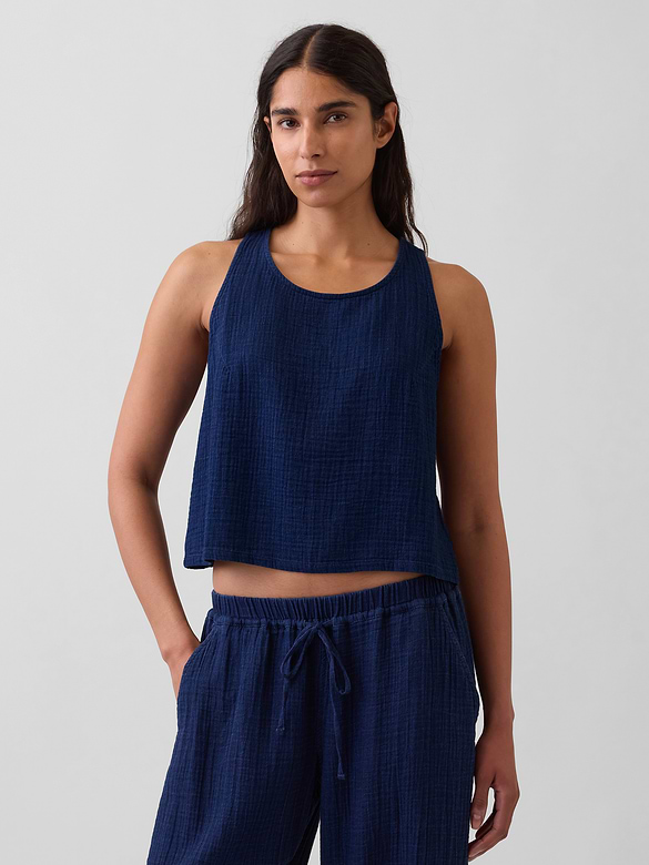 Cotton Gauze Denim Crop Shell Tank Top