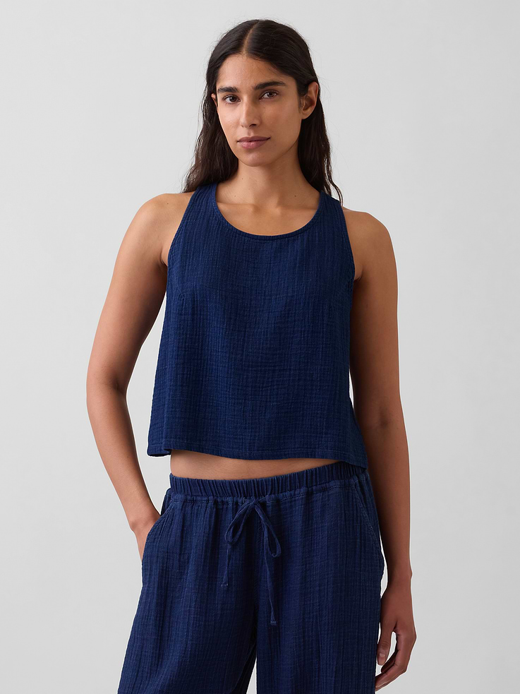 Image number 1 showing, Cotton Gauze Denim Crop Shell Tank Top