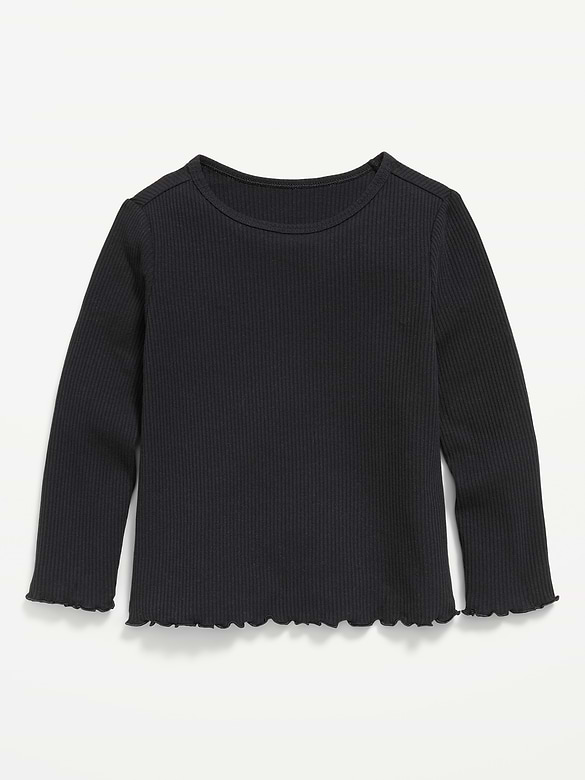Fitted Long-Sleeve Ribbed Lettuce-Edge T-Shirt for Toddler Girls