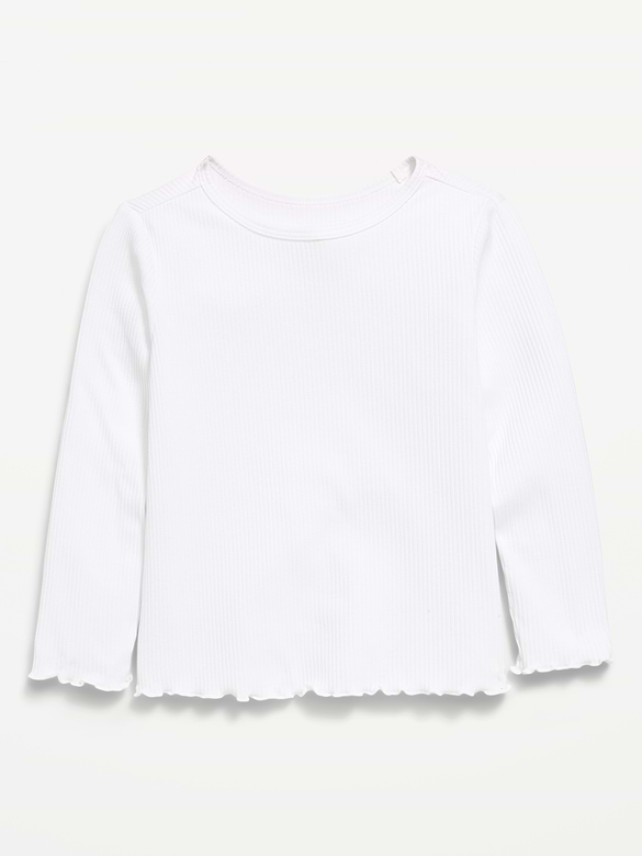 Fitted Long-Sleeve Ribbed Lettuce-Edge T-Shirt for Toddler Girls