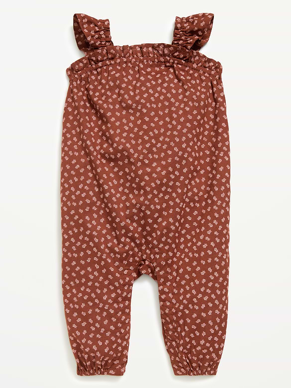 Printed Sleeveless Textured Ruffle-Trim Jumpsuit for Baby