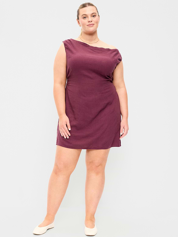 Asymmetrical Shoulder Linen-Blend Mini Dress