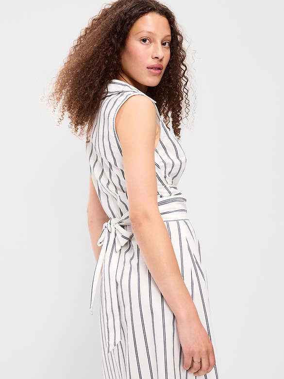 Sleeveless Wrap-Waist Midi Shirt Dress
